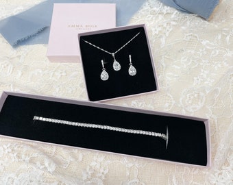 Wedding Jewellery Set - Crystal Cubic Zirconia Teardrop earrings, necklace and bracelet - Silver Bridal Accessories - Bride - Gift