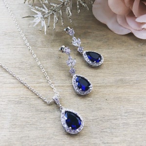 Sparkly Sapphire Blue Cubic Zirconia Teardrop Earrings and Necklace set, Bridal Jewellery, Wedding Jewellery