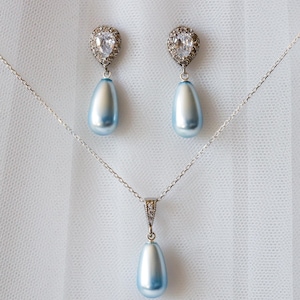 Baby Blau Perlen Schmuckset | Tropfen Perlen Ohrringe Anhänger Set | Brautschmuck | Hochzeitsschmuck | Brautjungfer Geschenk | Braut