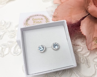 Sterling Silver Blue Topaz Halo Studs - Round Baby Blue Earrings - Something Blue for Bride - Christmas - Birthday - Occasions - Birthstone