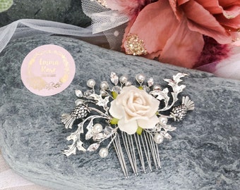 Thistle and Rose Hair Comb, Wedding Hair Piece, Bridal Hair Comb, Scottish