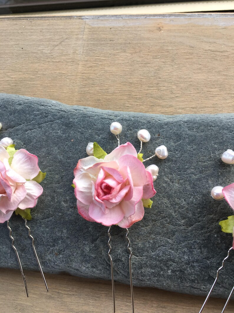 many colous Pink Blush Flower Pearl Hair Pins Hair Piece Bridal Bridesmaid Flower Girl