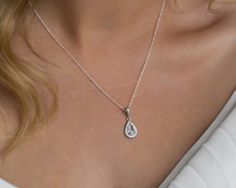 Small Delicate Teardrop Bridal necklace - Simple Wedding Jewellery - Halo Pear Pendant