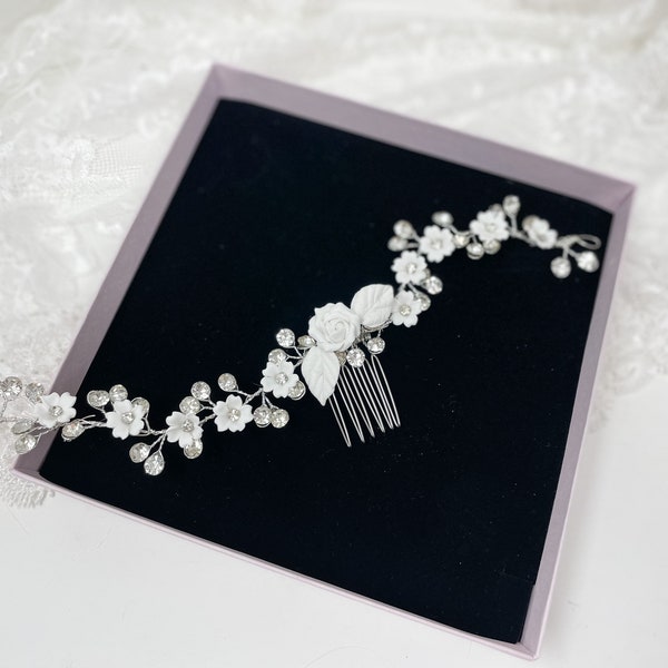Simplistic Clay Flower Hair Vine - Bridal Hairpiece - Wedding Floral Crystal Hair Comb