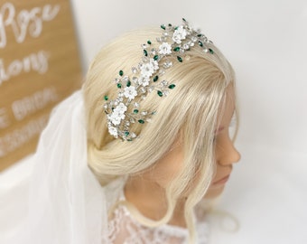Bridal Tiara - Green Crystal Clay Flower Statement Headpiece - Wedding Bride Crown