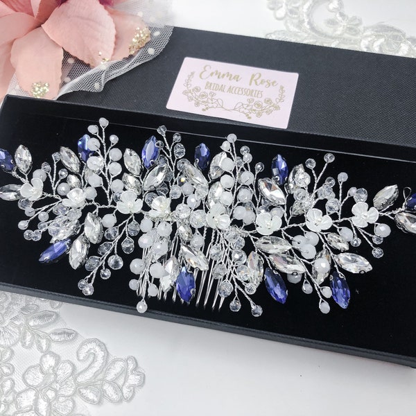 Large Sparkly Crystal Hair Comb Vine, Sapphire Blue Bridal Hair Piece, Statement Hair Comb