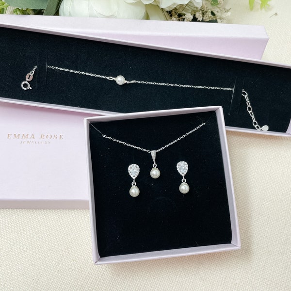 Small Delicate Teardrop and Pearl Bridal Jewellery, Pearl Wedding Jewellery, Earrings Necklace Set, Crystal and Pearl