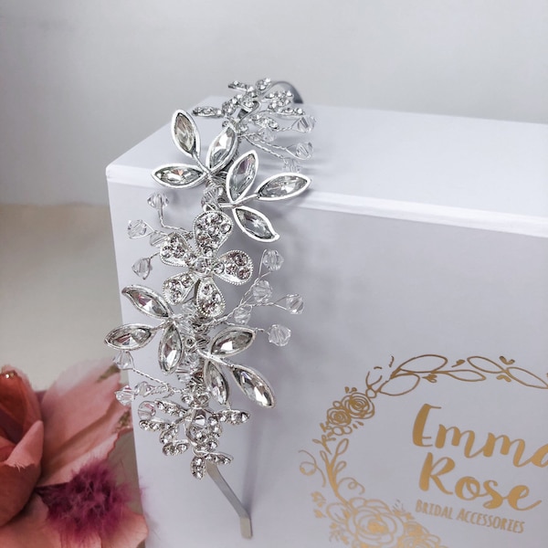 Delicate Sparky Crystal Side Tiara Bridal Headband , Silver Leaf Flower Headpiece