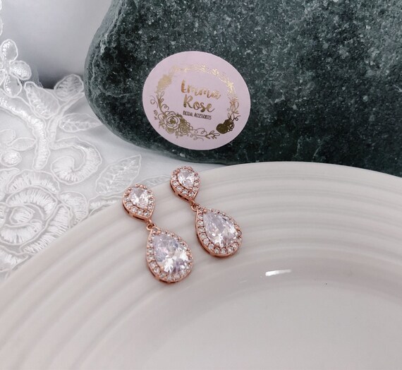Rose Gold Teardrop Bridal Earrings Wedding Earrings Etsy