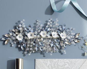Peineta de novia azul claro - Conjunto de joyas de novia - Rosas de cardo y arcilla