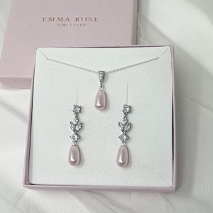 Light Pink Pearl drop Earring, Cubic Zirconia Simulated Diamond Bridal Earring, Wedding Earrings Teardrop Pearl image 2