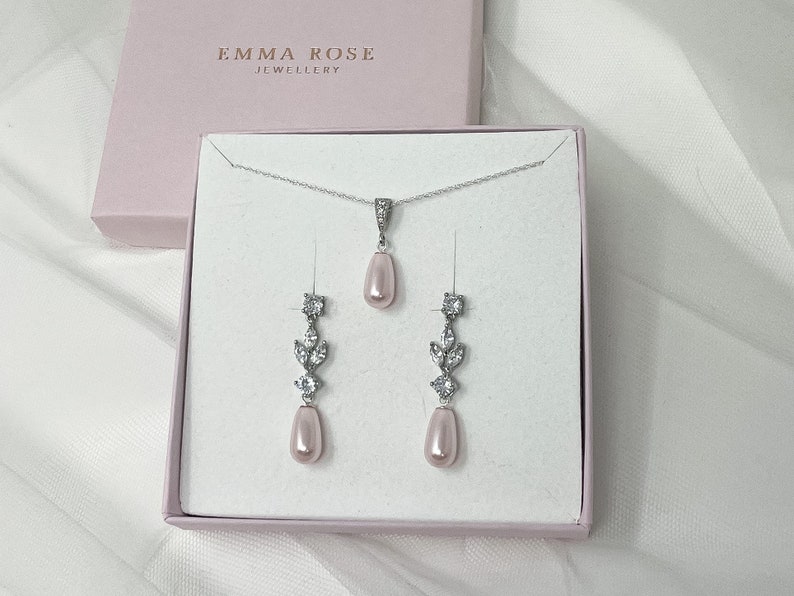 Light Pink Pearl drop Earring, Cubic Zirconia Simulated Diamond Bridal Earring, Wedding Earrings Teardrop Pearl image 2