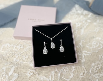 Wedding Jewellery Set - Crystal Cubic Zirconia Teardrop Drop earrings - necklace - Silver Bridal Accessories - Bride