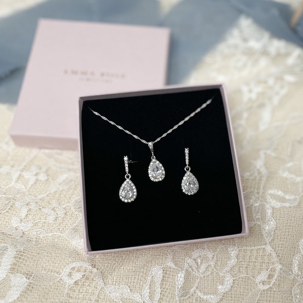 Wedding Jewellery Set - Crystal Cubic Zirconia Teardrop Drop earrings - necklace - Silver Bridal Accessories - Bride