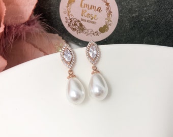 Rose Gold Crystal Pearl Drop Earring, Teardrop Pearl, Bridal Jewellery, Wedding Earrings