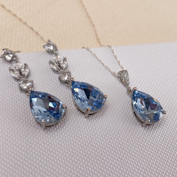 Light Blue Sapphire Bridal Jewellery Set - Wedding Jewellery - Drop Earring Pendant Set, Aquamarine - Topaz - Sky Blue Crystal