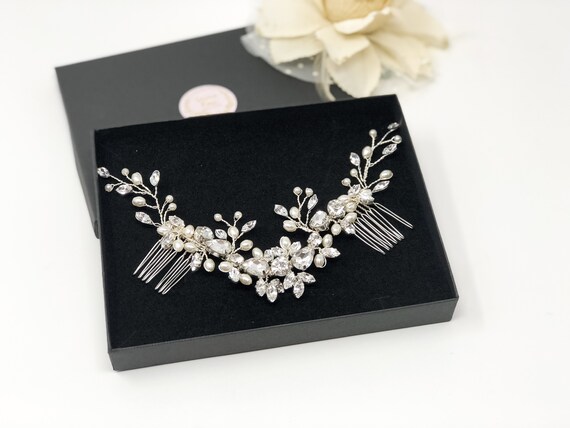 Silver Wedding Bridal Hair Comb Clip Vine Extra Long Headpiece Pearl Crystal Gianna Silver Pearl & Crystal Bridal Hair Vine – Wedding  main image 3