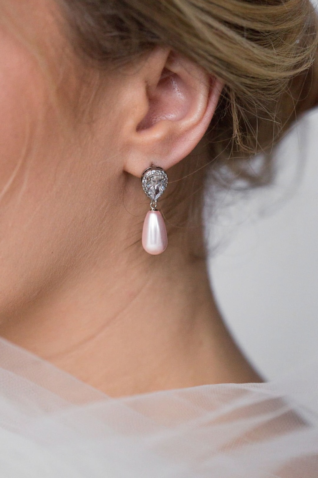 Light Pink Pearl Drop Earrings - Wedding Earrings - Bridal Earrings - Teardrop Pearl Earrings ...