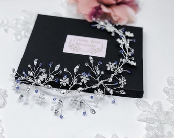Bridal Hair Piece Vine Blue Snowflake Wedding Hair Vine, Celestial, Snowflake Headpiece, Winter Hair Accessories