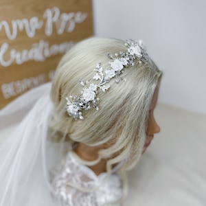 Winter Snowflake Thistle Clay Flower Crystal Bridal Headband, Tiara, Wedding Crown, Silver Hairband