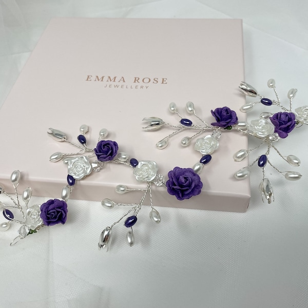 Purple Flower Hair Piece, Bridal Vine, Wedding Hair Comb, Floral Head Piece, Silver Hair Vine