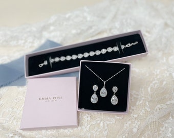 Teardrop Wedding Jewellery Set, Double teardrop boucles d’oreilles Pendentif Bracelet, Argent or ou Or Rose