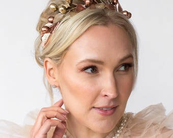 Corona nupcial dorada / Tiara de perlas grandes / Novia / Boda vintage / Diadema