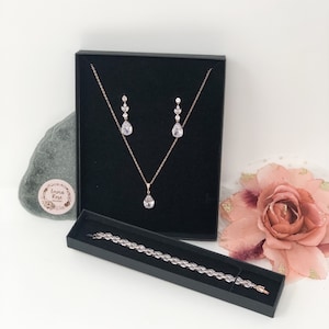 Rose Gold Crystal Drop Earring Pendant Set, Teardrop Jewellery Set, Pearl Cut Drop, Wedding Jewellery, Earrings Necklace Bracelet Set