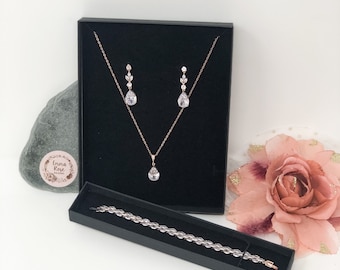 Rose Gold Crystal Drop Earring Pendant Set, Teardrop Jewellery Set, Pearl Cut Drop, Wedding Jewellery, Earrings Necklace Bracelet Set