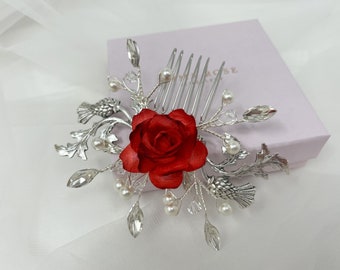 Thistle and Red Rose Hair Comb, Wedding Hair Piece, Bridal Hair Comb, Scottish