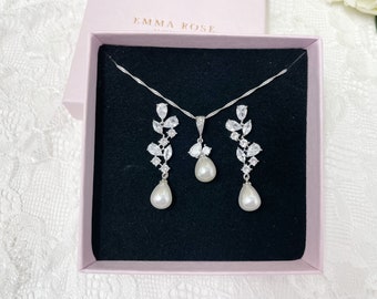 Pearl Long Drop Jewellery Set - Bridal Jewellery - Wedding Jewellery - Pearl Earrings Necklace Set - Gift - Bride - Prom - Occasion