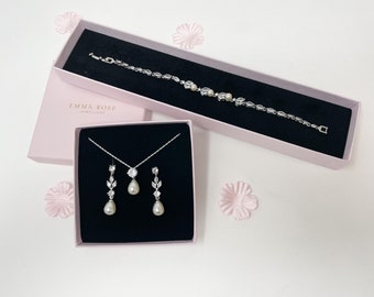 Pearl Drop Jewellery Set - Bridal Jewellery, Wedding Jewellery - Pearl Earrings Necklace and Bracelet Set