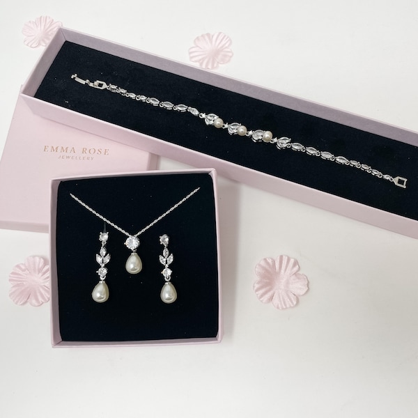 Pearl Drop Jewellery Set - Bridal Jewellery, Wedding Jewellery - Pearl Earrings Necklace and Bracelet Set