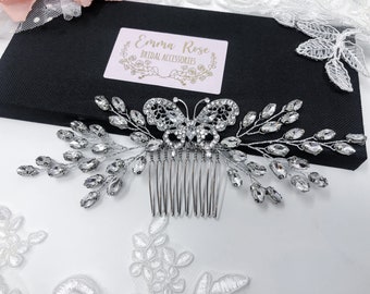 Sparkly Butterfly Bridal Hair Comb, Silver Crystal Rhinestone Wedding Comb