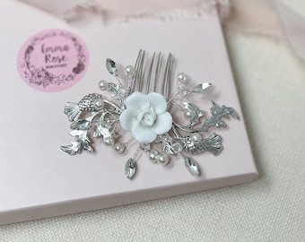 Thistle and Rose Hair Comb, Wedding Hair Piece, Bridal Hair Comb, Scottish, Silver Hair Comb, Clay Rose