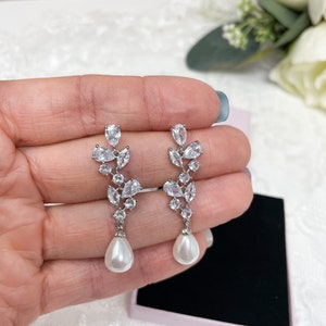 Pearl Long Drop Jewellery Set Bridal Jewellery Wedding Jewellery Pearl Earrings Necklace Set Gift Bride Prom Occasion image 5