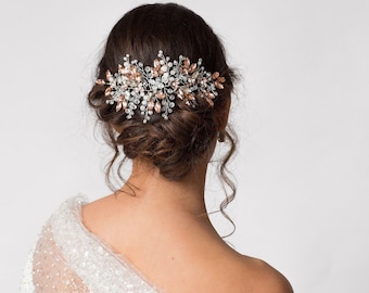 Large Sparkly Crystal Hairpiece Vine, Peach Blush Bridal Hair Accessory , Statement Hair Vine