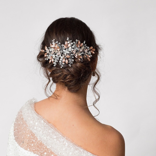 Large Sparkly Crystal Hairpiece Vine, Peach Blush Bridal Hair Accessory , Statement Hair Vine