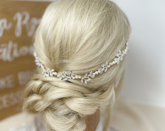Simple Wedding Hair Vine, Bridal Hair Piece Leafy Silver Pearl Hair Vine, Bride Hair Vine