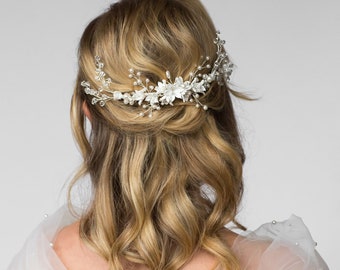 Bridal Hair Piece - Crystal Pearl Clay Flower Comb