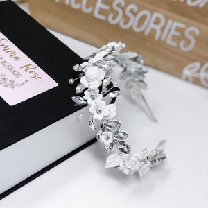 Clay Flower Crystal Headpiece Statement Bridal Headband Silver Or Rose Gold Tiara