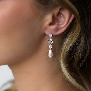 Light Pink Pearl drop Earring, Cubic Zirconia Simulated Diamond Bridal Earring, Wedding Earrings Teardrop Pearl image 1