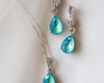 Conjunto de joyas nupciales en azul aguamarina - Pendientes colgantes para boda / Pendientes de dama de honor
