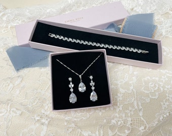 Bridal Jewellery Set Cubic Zirconia Teardrop, Silver or Rose Gold