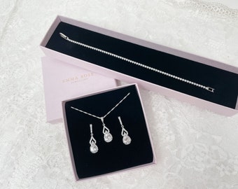 Ensemble de bijoux de mariée en forme de larme délicate, boucle d'oreille et pendentif, bijoux en cristal, mariage - Boucles d'oreilles Collier Tennis Bracelet Argent