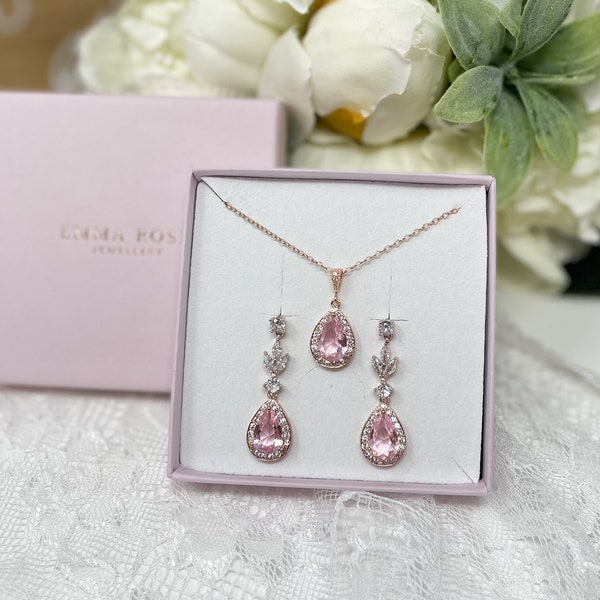 Blush Light Pink Bridal Earrings, Wedding Jewellery, Pink Blush Bridal Jewellery, Earrings, Necklace Pear Teardrop Halo Drop Rose Gold