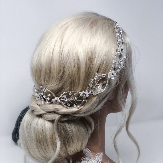 Silver Crystal Hair Vine Pearl Bridal Headpiece Rhinestone Leaf Hair Gianna Silver Pearl & Crystal Bridal Hair Vine – Wedding  main image 4