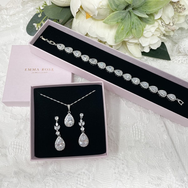 Bridal Jewellery Set Halo Teardrop - Wedding Jewellery Set - Simulated Diamond - Silver Gold Rose Gold - Earrings Necklace Bracelet