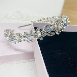 BC- Blue and White Brocade Headband with Crystals and Pearls main image 1