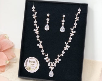 Ensemble de bijoux de mariage en forme de larme en or rose, ensemble de bijoux de mariée, ensemble de colliers de boucles d’oreilles en cristal, boucle d’oreille drop, accessoires de mariée